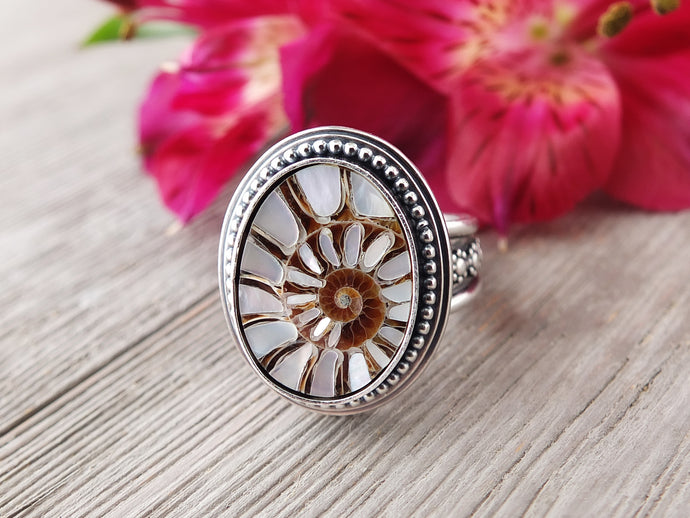 Ammonite with Mother of Pearl Inlay Ring or Pendant (Choose Your Size)