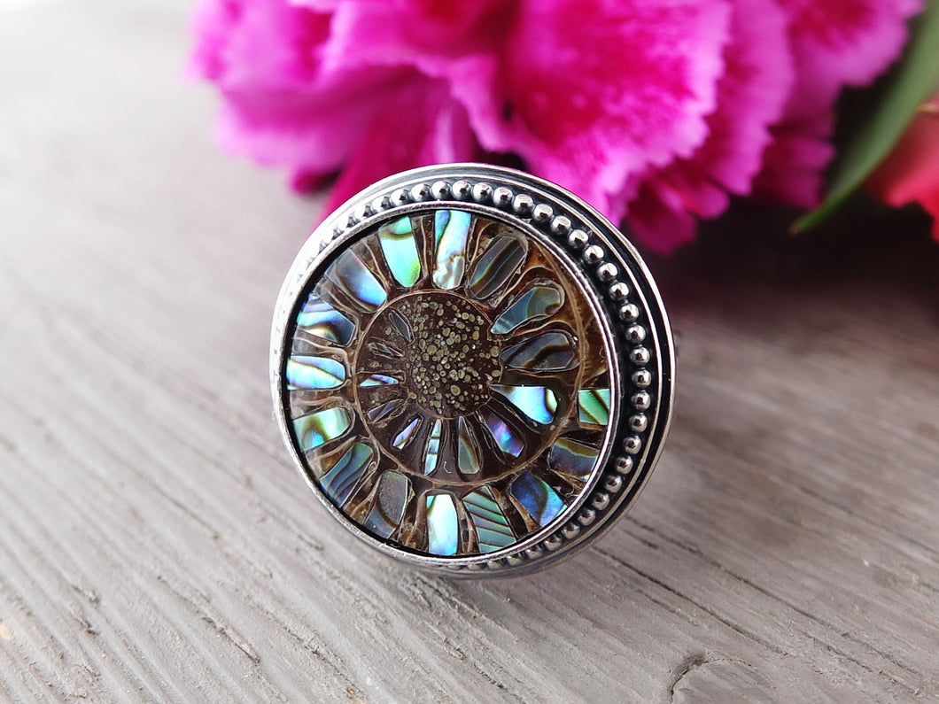 Ammonite with Abalone Inlay Ring or Pendant (Choose Your Size)