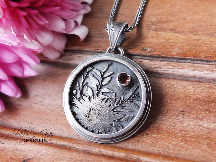 Engraved Flower and Tourmaline Pendant