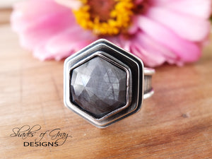 Rose Cut Hexagonal Silver Sapphire Ring or Pendant (Choose Your Size)