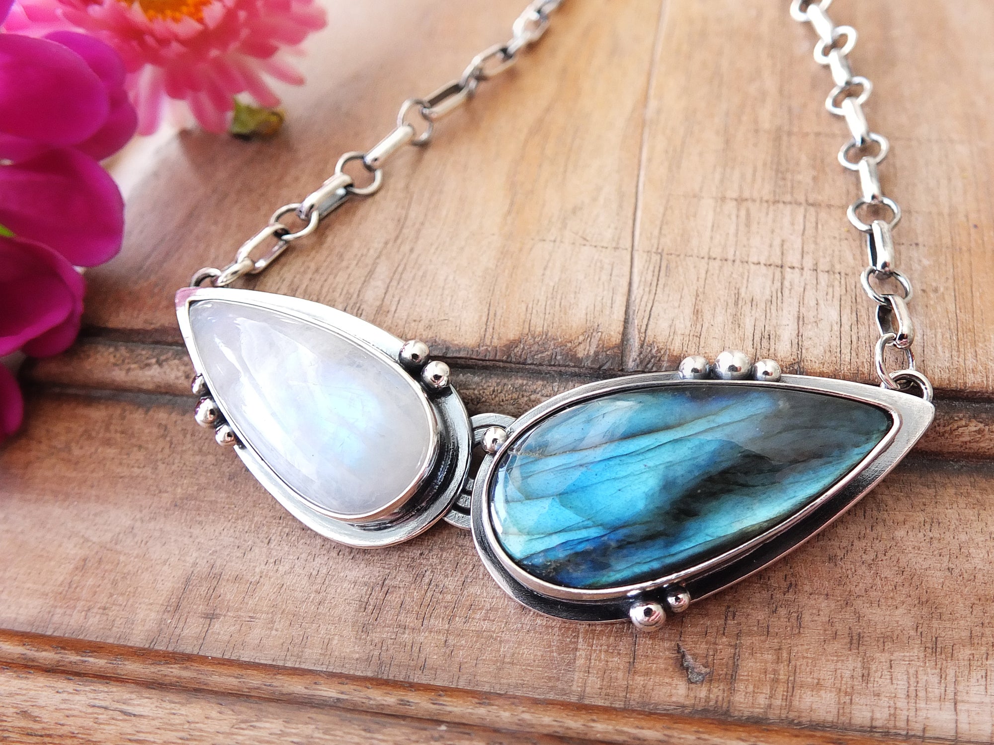 Labradorite & outlet Rainbow Moonstone Silver Pendant