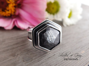 Rose Cut Hexagonal Silver Sapphire Ring or Pendant (Choose Your Size)