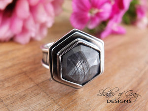 RESERVED: Rose Cut Hexagonal Silver Sapphire Ring or Pendant (Choose Your Size)