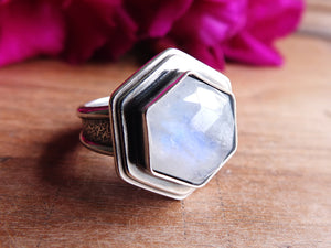 Hexagonal Rainbow Moonstone Ring or Pendant (Choose Your Size)
