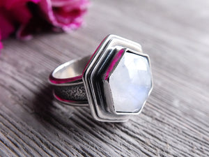Hexagonal Rainbow Moonstone Ring or Pendant (Choose Your Size)