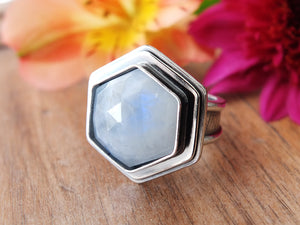 RESERVED: Hexagonal Rainbow Moonstone Ring or Pendant (Choose Your Size)