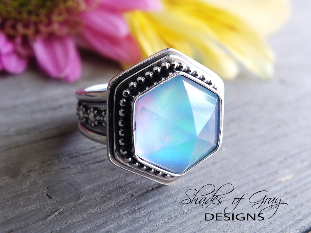 Hexagonal Rose Cut Quartz and Aurora Opal Doublet Ring (Choose Your Size)