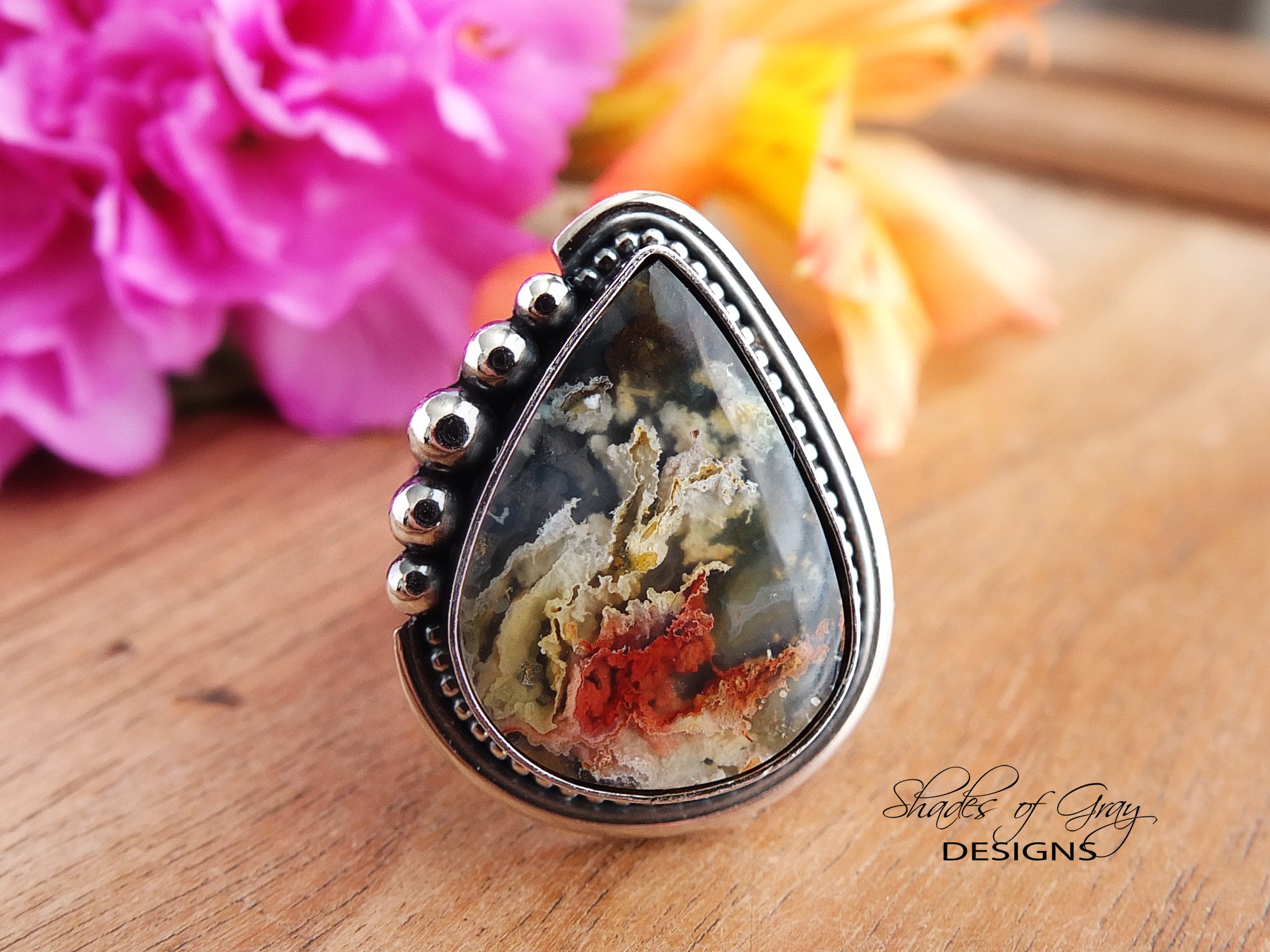 Plume Agate and Onyx Doublet Ring or Pendant (Choose Your Size