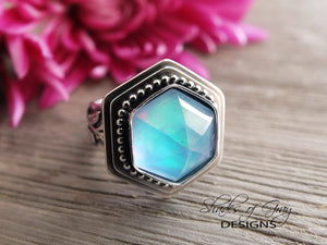 Hexagonal Rose Cut Quartz and Aurora Opal Doublet Ring (Choose Your Size)