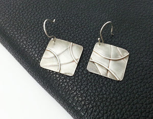 Square Abstract Patterned Silver Dangle Earrings