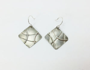 Square Abstract Patterned Silver Dangle Earrings